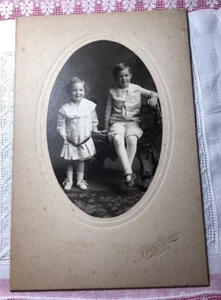 Vintage 6" X 9" Antique Cabinet Photo Brother Sister Child Fashion Big Belt H-62 - Picture 1 of 4