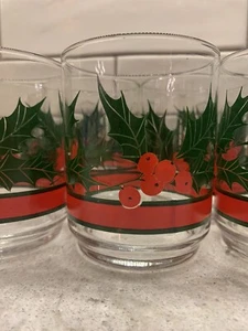 9 Vtg Libbey Christmas Holly & Berries Rocks Glasses 10 Oz Db Old Fashion Juice - Picture 1 of 2