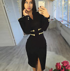 NEW! COUTURE PREPPY BLACK LONG SLEEVE COLLAR NECK BANDAGE DRESS BUSINESS CHIC 