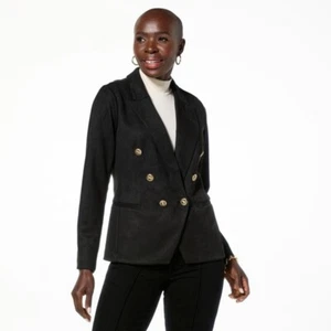IMAN Global Chic Luxe Faux Suede Double Breasted Blazer Size 1X Black Business - Picture 1 of 6