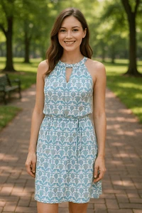 Etcetera Mosaik Blumen ärmelloses Viskose Kleid blau, lavendel, Größe 6 - Bild 1 von 12