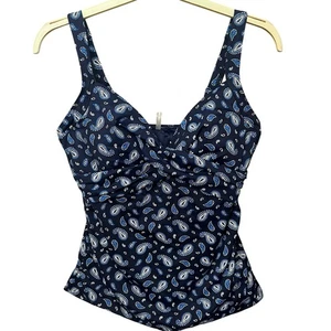 Lands End Paisley Tankini Top Size 12D Navy Multi Twist Front Ruched Shelf Bra - Picture 1 of 7