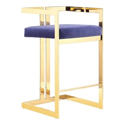Pangea Home Kenzie 23.6" Velvet/Steel Counter Stool in Navy/Gold - Image 1 of 4