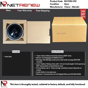 Cámara interior ojo de pez 360° Cisco Meraki MV33M-HW 12,4 MP 512 GB - Imagen 1 de 1