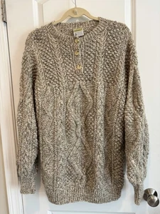 VTG Kennedy of Ardara Hand Knit 100% Wool Ireland Fisherman Henley Sweater M/L? - Picture 1 of 5