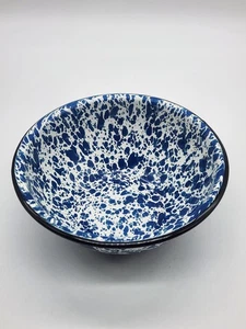 Blue & White Splatter Black Rim Enamelware 6" Cereal Bowl Farmhouse - Picture 1 of 11