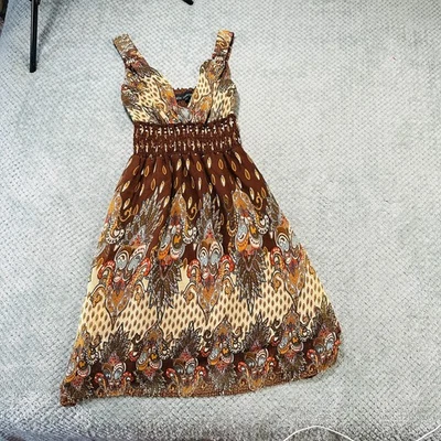 Vintage Retro Y2K Marrón Paisley Cottage Core Western Babydoll Vestido de Sol Fluido Foto 1 de 4