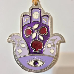 PENINAT HAKESEF Pewter and Enamel Good Luck Hand, Hamsa, Approx 3.5" x 3" - Picture 1 of 5