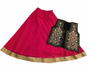 VINTAGE EMBROIDERED JACKET AND PLAIN GOLDEN BORDER SKIRT LEHENGA SET - Picture 1 of 1