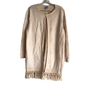 Chico's Womens Long Cardigan Sweater Size 2 US L Floral Tassel Beige Long Sleeve - Picture 1 of 9