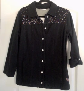 Black Denim Stretch Jacket, Button Down, Colored Stones, Sz: S, New - Picture 1 of 10