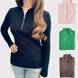 Ladies Marks Ribbed Top Zip High Neck Long Sleeved Black Green Cotton T-shirt - Picture 1 of 8