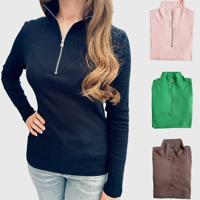 Ladies Marks Ribbed Top Zip High Neck Long Sleeved Black Green Cotton T-shirt - Image 1 of 4