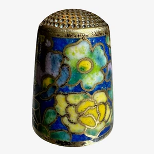 Vintage Cloisonne Messing Fingerhut Emaille Intarsien bunt Blumen rosa grün blau - Bild 1 von 10