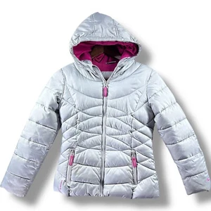 Champion Puffer Jacket Youth Size Medium M Silver Pink Poly Fill Hooded - Picture 1 of 14