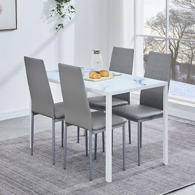 4pcs Grey Faux Leather Dining Chairs&White Marble Glass Dining Table Dining Set - Image 1 of 4