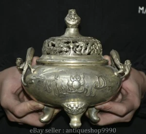 7.2" Xuande Marked Chinese Silver 2 Dragon Handle 3 Beast Legs Incense Burner - Picture 1 of 11