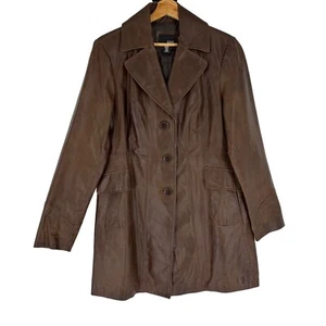 A.N.A Vintage Chocolate Brown Genuine Leather Button Front Mid Length Coat Sz M - Picture 1 of 7