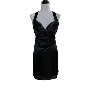 Morgan 4 Ever Black Silk Halter Dress Size M Ruched Criss Cross Back Party - Picture 1 of 16