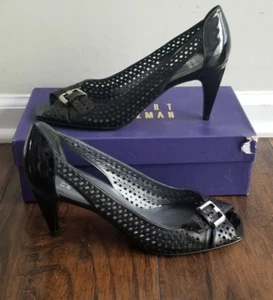 Stuart Weitzman Pimlico Black Nappa Heels Perforated Open Toe Sandals Shoes Heel - Picture 1 of 5