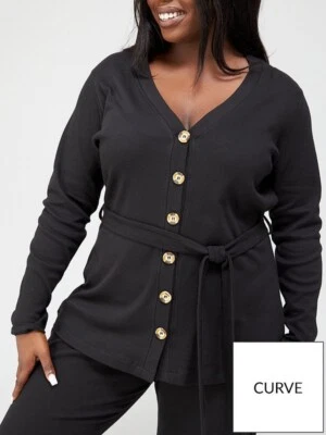 V By Very Curve Lounge Button Up 100% Cotton Belted Cardigan Black UK Size 20 - Image 1 of 4