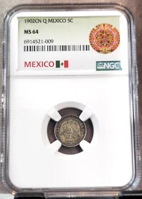 1902 MEXICO SILVER 5 CENTAVOS 5C NGC MS 64 BEAUTIFUL BU SOME COLOR TONING - Image 1 of 3