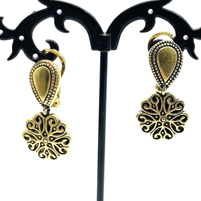 PREMIER DESIGNS Gold Tone Clip On Earrings Vintage Scroll Flower Drop Dangle - Image 1 of 4