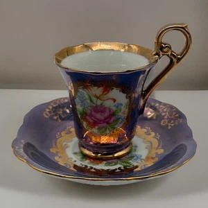 Vintage KPM Aranart Demitasse Tasse Untertasse Set Lila Blumen Gold - Bild 1 von 10