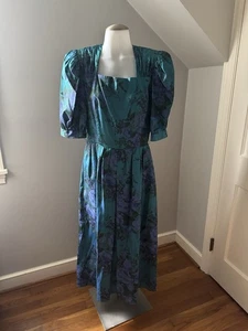 Vintage Women’s Lanz Originals Green Floral Dress Square-Neck Puff Sleeve 12 - Picture 1 of 18