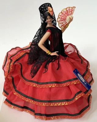 VTG Spanish Marin Chiclana Flamenco Dancer Doll 10” with Long Red Dress on Stand - Image 1 of 4