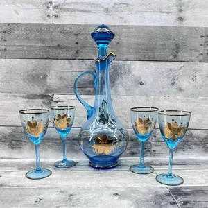 Romanian Wine Decanter w 4 Glasses Blue 22K Gold Accent Mid Century Barware 2253 - Picture 1 of 15