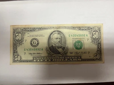 RARE vintage $50 Fifty Dollar Bill Old Style 1993 ser # G43545892A - Image 1 of 2