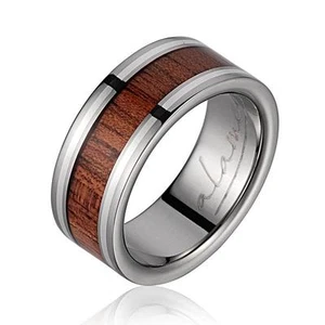 GENUINE HAWAIIAN KOA WOOD WEDDING BAND RING TITANIUM STERLING SILVER BORDER 8MM - Picture 1 of 1