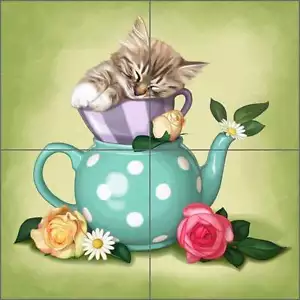 Piastrella ceramica murale backsplash cazenave gattino teiera cucina arte MC2-010a - Foto 1 di 5