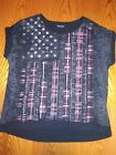 Rock & Republic USA American Flag Shirt Womens 1X Black Cuffed Short Sleeve