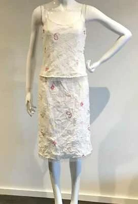 Conjunto Top y Falda Diseñador Poleci Blanco Arrugado Cuentas Flecos Tirantes S-M Foto 1 de 4