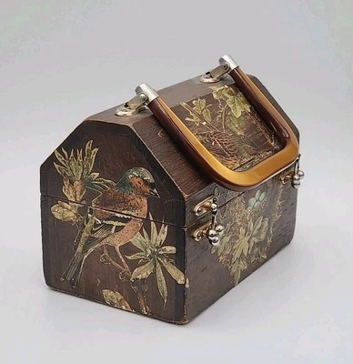 Vintage Decoupage Birds Box Purse Wood WLucite Handle Cottagecore  - Image 1 of 4