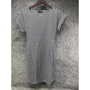 UVN Womens Black White Striped Mini Dress Short Sleeve Tie Waist Size M Net - Picture 1 of 10