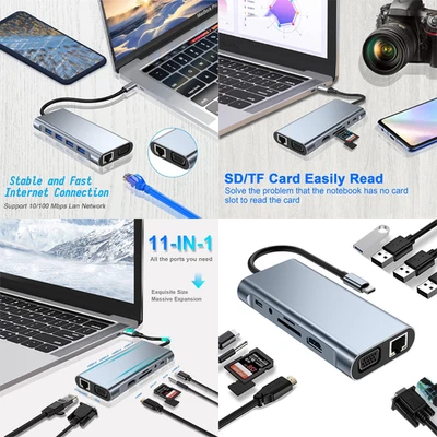 11in1 USB-C Hub Docking Station Lemorele Adapter Display 4K-HDMI USB 3.0 RJ45 SD - Bild 1 von 4