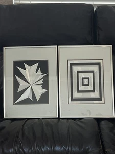 Menge 2 Vintage MCM Folienkunst Geometrische Optische Täuschung Kunst Gerahmt & Passepartout - Bild 1 von 9