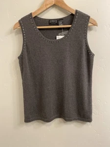 Liz Claiborne NWT Sz Petite Medium PM Gray 100% Cashmere Beaded Sleeve Top Vest - Picture 1 of 17