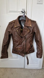 Brown real leather motorbike jacket womens texpeed size 8 motorcycle - Picture 1 of 14