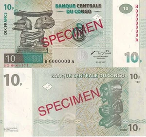 Congo 10 Francs 1997 P 87B Specimen UNC - Picture 1 of 3
