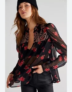 Free People Semi Sheer Embroidered Blouse Black Floral Long Sleeve Boho Small - Picture 1 of 10