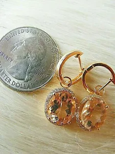 18k Rose Gold Huggie Hoop Earrings w/ Morganite Diamond Halo Charm Drops Dangle - Picture 1 of 8