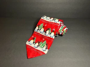 Hallmark Yule Tie Greetings Red Christmas Penguins w/ Candy Canes Neck Tie 59" - Picture 1 of 5