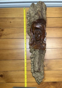 Tree Carving nice relief. Cowboy, Native American? Signed "WB" - Picture 1 of 14