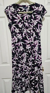 CHAPS Lined Bodice- Empire Waist Floral Dress Black/White/Purple Sm Sleeveless - Picture 1 of 5
