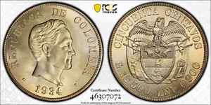 1934 Colombia Silver 50C Centavos Restrepo 416.5 San Francisco KM# 27 PCGS MS65 - Picture 1 of 3