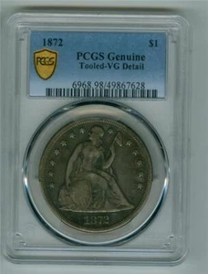USA 1872 SEDUTO LIBERTY DOLLAR PCGS ORIGINALE VG DETTAGLIO - LAVORATO - Foto 1 di 2